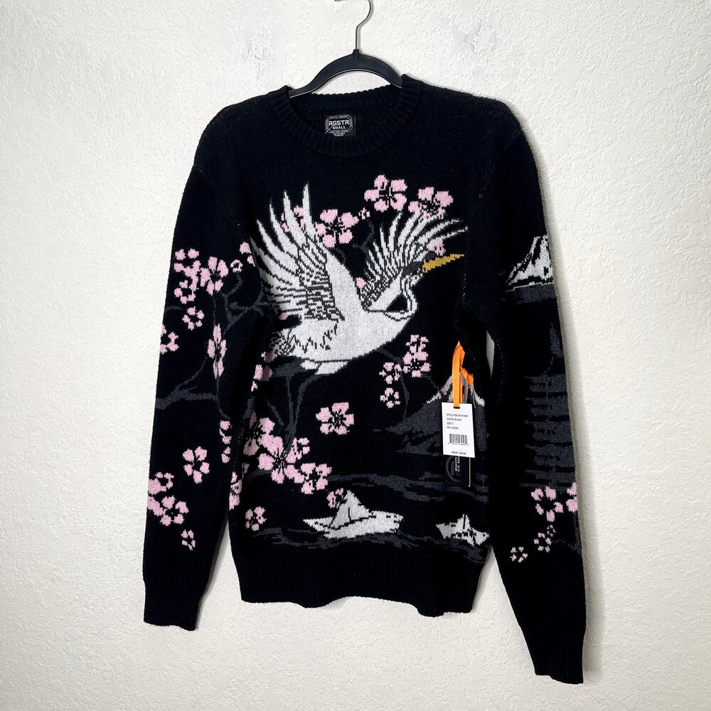 RGSTR Crane Cherry Blossom Knit Sweater Mens Small Black Pink Japanese NWT